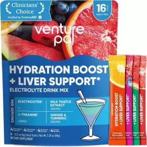 벤처 팔 수분 공급 패킷 간 지원 - 7가지 전해질과 5가지 비타민 밀크 시슬 L-테아닌이 포함된 액체 일일