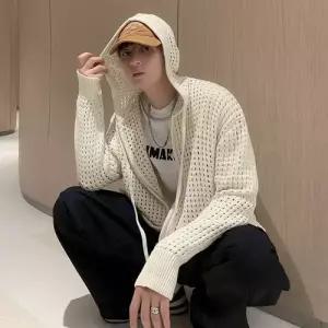남성 니트 댄디 집업 펀칭 후드 위에 얇은 봄여름 카디건 톱 스포M2