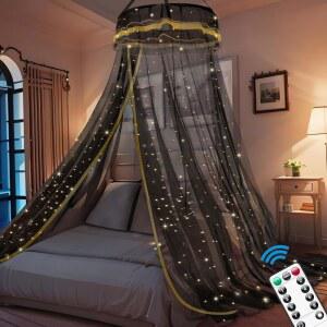 여아를 위한 조명이 있는 이모포 침대 캐노피, 장식용 LED 조명 캐노피 모기장, 쌍둥이, 풀, 퀸을 홈 데코 - 블랙