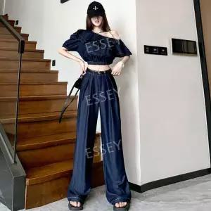 데님오프숄더 빈티지 숏 슬림 퍼프 크롭 조거 레이스 반팔 탑 어깨트임 하객룩 셔츠