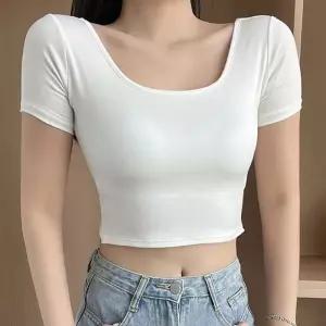 스퀘어넥 패드내장 슬림 등파인 크롭반팔티 NF-60 반전티셔츠 백리스티셔츠