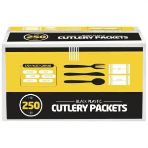 일회용 식기 250개 - 나이프, 포크, 숟가락, 냅킨, 소금, 후추 세트 | 블랙 & 실버 플라스틱 세트, 개별 포장 키트