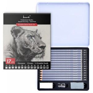 브루사스 전문 스케치 연필 드로잉 세트 - 그래파이트 연필(4H-10B), 그래파이트 스틱, 지우개 및 샤프너, 스케치용 아트 연필 - 아티스트와 초보자에게 이상적, 17Pcs