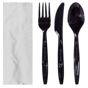 50개의 무거운 일회용 플라스틱 식기 세트 | 패킷 - 나이프 포크 스푼 냅킨 재활용 플라스틱으로 만들어졌으며 100% 가능하고 적으로 은식기, 식기류 사용 가능