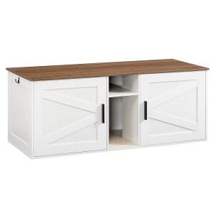 후브로 더블 쓰레기통 인클로저, 수납 및 매트 디자인의 모던 고양이 쓰레기통 가구, 2개가 달린 농가 쓰레기통 인클로저, 흰색 및 호두색 WH23MW01