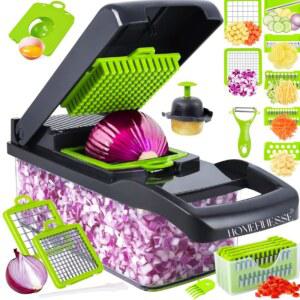 야채 초퍼, 16-in-1 다기능 식품 8날 슬라이서, 양파 초퍼 커터 및 조절 가능한 채소 감자 다이어 샐러드 마늘 용기 | 회색