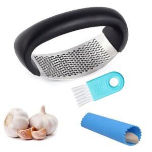 Acosey 마늘 프레스 로커 - 스테인리스 스틸 분쇄기, 초퍼, 다진 고기와 실리콘 필러, 미니 브러시 도구 (블랙)