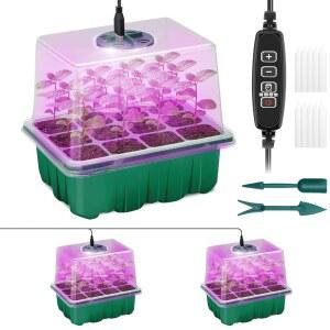 식물 조명이 있는 Qoollife 씨앗 스타터 트레이, 습도 돔이 시작 키트용 2팩 재배 조명, 온실 번식기 스테이션 재배를 위한 타이밍 컨트롤러 조정 가능 밝기