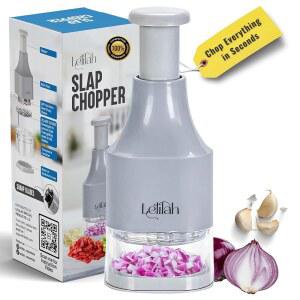 푸드 초퍼, 슬랩 찹, 야채용 휴대용 채소 양파, 마늘, 견과류, 손 야채 커터, 식기세척기 사용 가능, 스테인리스 스틸 칼날, u2013 청소하기 쉬운 (라이트 그레이)