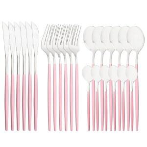 스플룸 미러 커틀러 서빙 세트, 24피스 18/0 스테인리스 스틸 실버웨어, 핑크 핸들 심플하고 모던한 식기 홈 파티 레스토랑 크리스마스 디너용, 6인용 서비스(핑크 실버)