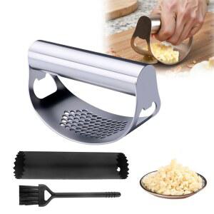 스테인리스 마늘 프레스, 2025 업그레이드된 프레스 스틸, 로커, 휴대용 수동 분쇄기, 필러 및 브러시가 포함된 다진 도구 (1)