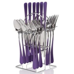 24피스 플랫웨어 세트, 실버웨어 홀더가 있는 스테인리스 스틸 식기 디너 나이프 포크 스푼 포함, 6인용 세트 서비스(보라색)