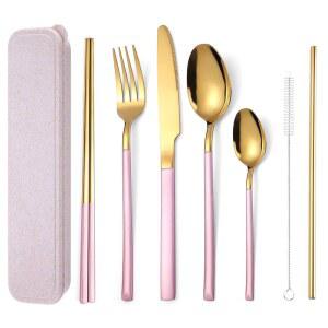 AAARINBOW 7피스 스테인리스 스틸 식기 세트 휴대용 재사용 가능한 여행 도구 젓가락 나이프 포크 스푼 빨대 청소 브러시 식기세척기 안전(핑크 골든)