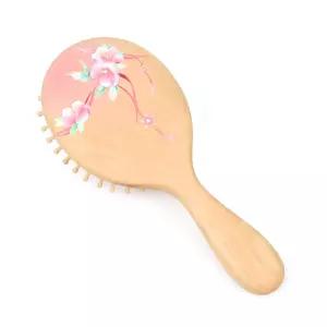 탄 무지앙 우드 헤어 브러시 손 광택 모티프 두피 마사지기 천연 나무 선물