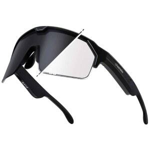 샤멜로 뮤직 쉴드 스마트 오디오 선글라스 매트 블랙 프레임, 스모크 렌즈 | 전자 틴트 컨트롤, 땀 방지, 100% 자외선 차단 기능을 갖춘 남녀용 오픈 이어 블루투스 안경