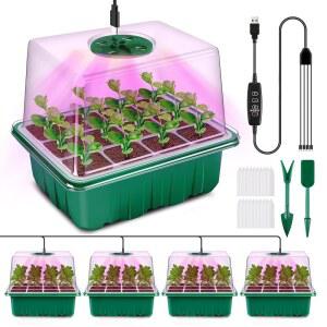 성장 조명이 있는 YAUNGEL 씨앗 스타터 트레이, 밝기 조절이 가능한 타이밍 컨트롤러가 4팩 키트, 습도 돔이 두꺼운 묘목 뚜껑 높이, 선물 상자