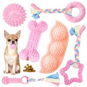 귀여운 분홍색 강아지 장난감을 위한 펫케어 6팩 씹기 장난감 작은 부드러운 고무줄 개 재미있는 뼈 공 청소 강아지를 요키