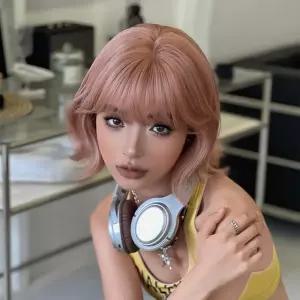 여성가발 오렌지 핑크 모조 무광 화섬 인플루언서 웨이브 단발 헤어 실크 심쿵마켓