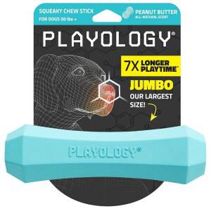 플레이올로지 개 장난감 | 반려견을 위한 내구성 있는 삐걱거리는 씹는 스틱 점보 땅콩버터 향 - 청소하기 쉽고 독성이 없는 재료로 만들어졌습니다