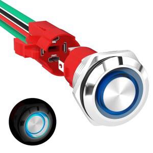 해양 보트 RV 트럭용 미리 연결된 소켓이 있는 순간 푸시 버튼 스위치 20암페어 12V 스타트 19mm SPST 블루 LED 조명 방수 12볼트