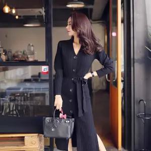 여성원피스 앞단추 벨트 브이넥 니트 슬림 레깅스 원피스 심쿵해외구매