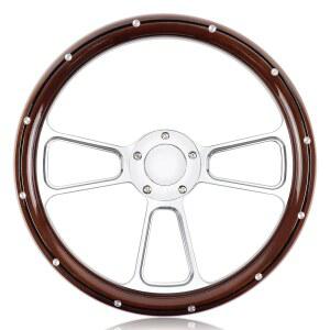 QYMOPAY 5홀 볼트 스티어링 휠, 14인치 나무 레이싱 경적 버튼이 있는 리벳으로 그립, 자동차 인테리어 액세서리, 개조 교체 부품