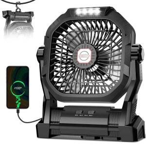 캠핑용 선풍기 충전식, LED 조명 및 후크가 장착된 20,000mAh 배터리 구동 휴대용 선풍기, 4단 270 조절 가능, 텐트, 여행, 자동차, 실외, 실내, 바비큐, 낚시,