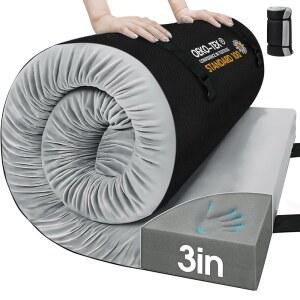 CYMULA 메모리 폼 캠핑 매트리스 패드, 캠핑용 3인치 수면 미끄럼 방지 바닥 침대 시트, 여행용 트럭 게스트 텐트용 휴대용 롤업 패드 매트 포함