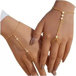 여성용 금 핸드 체인 팔찌 14K 도금 큐빅 지르코니아 링크 2개 세트 트렌디한 반지 쥬얼리