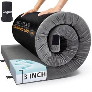 킹펀 3인치 CertiPUR-US 메모리 폼 캠핑 매트리스, 방수 롤업 슬리핑 패드, 이동식 여행 가방이 있는 편안한 두꺼운 바닥 매트