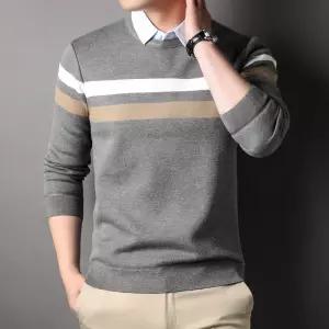 남자니트 스웨터 니트 칼라넥 가을 스트라이프 코튼 얇은 페이크투피스 셔츠카라 심쿵희망