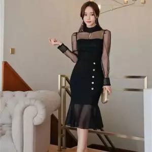 에네로 치마 원피스 여자 미디 망사 시폰 러블리 배색 쉬폰 플레어 움 UNO5