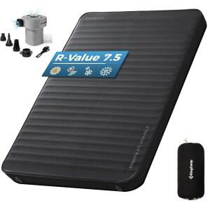 에어 펌프가 장착된 킹캠프 셀프 팽창 침낭, 7.5 R-값 더블 캠핑 매트리스, PVC 프리 패브릭이 휴대용 4시즌 메모리 폼 매트, 편안한 여행용 자동차 텐트 침대, 블랙