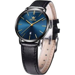 여성용 OLEVS 시계 손목시계 가죽 밴드 방수 얇은 미니멀리스트 캐주얼 심플 드레스 쿼츠 아날로그 날짜 캘린더 포함