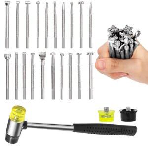 Wokape 23Pcs 가죽 스탬핑 도구, 키트에는 20Pcs 4인치 다양한 특수 모양 조각 도구/가죽 펀치 작업용 3Pcs 25mm 검정/노란색 고무 망치가 포함되어 있습니다