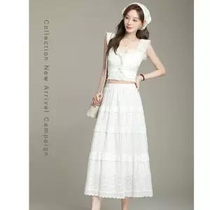 미에스틸로 여사친 스커트 롱 흰색 쉬폰 시폰 허리밴딩 레이스 청순 프릴 ADOR2