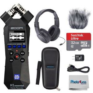 32비트 플로트가 장착된 Zoom H1essential 스테레오 , USB 마이크, H1essential용 Zoom 액세서리 팩 번들, 오버이어 스테레오 헤드폰, 32GB 마이크로SD 카드