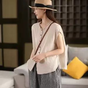 마르소 빈티지 여름 여성민소매블라우스 스크래치 린넨 셔츠 카디건 싱글 민소매 UNO2