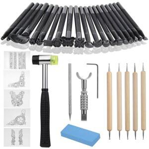 가죽 조각 작업을 위한 스탬핑 도구, 스크라이버 펜이 포함된 도구 키트, 작업용 망치 및 트레이싱 페이퍼