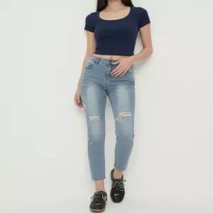 [라일리여성의류] Rly 데일리 밑단 찢청 데님팬츠 빈티지 은은워싱 청바