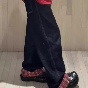 여사친 여름 캐주얼 빨강 트렌디 아이템 청바지 와이드 데님팬츠 다운 체크 일자 HT2