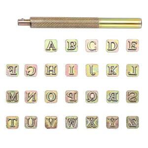 OwnMy 27PCS 가죽 스탬핑 도구 키트에는 26PCS 8mm 대문자 알파벳 스탬프와 스틸 펀치 핸들 1개, 아트 공예를 위한 금속 가죽카프트 엠보싱 스탬프 도구가 포함되어 있습니다
