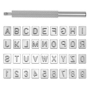 QWORK 대문자 및 숫자 스탬프 세트, 가죽 공예용 알파벳 1/4인치, 손잡이가 있는 정밀 도구 - 26개의 글자와 10개의 숫자, 총 36개의 PCS 포함