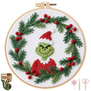 BBBLYBD 크리스마스 자수 키트, 사전 인쇄 원단, 후프, 단계별 설명서, 색상 실 및 바늘이 포함된 초보자용 크로스 스티치 공예 키트 1세트(크리스마스-1세트)