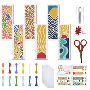 프리블로스 6종 세트 크로스 스티치 북마크 키트 보헤미안 스타일 스탬프 자수 명확한 지침이 포함되어 있습니다