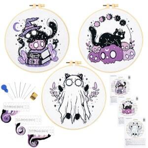 초보자를 위한 크래프마노 할로윈 자수 키트, 성인 해골 고양이 스탬프 크로스 스티치 고딕 고스트 핸드 바늘 포인트 후프 3세트 및 비디오 튜토리얼