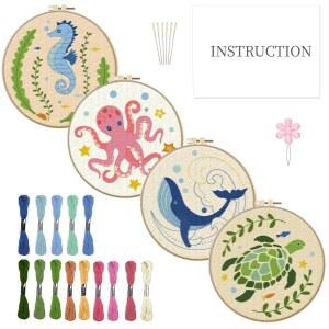 INFUNLY 4세트 해양 동물 패턴 초보자용 자수 키트 아트 거북이 / 시호스 문어 고래 크로스 스티치 후프 포함