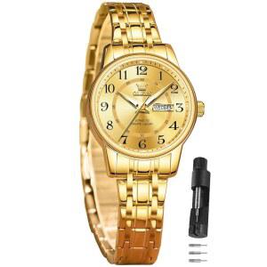 OLEVS Watch 여성용 투톤 시계 데이트 드레스 작은 손목용 고급 이지 리딩 방수 블루 / 블랙 골드 실버 다이얼 릴로지 파라 무저