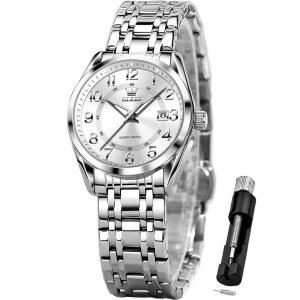 OLEVS 여성용 클래식 드레스 쿼츠 여성 손목시계 스테인리스 스틸 방수 야광 데이트 이지 리딩 시계