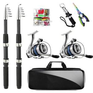 텔레스코픽 낚싯대와 릴 콤보 세트, 접이식 낚싯대 2개, 스피닝 릴 낚시 플라이어와 립 그리퍼가 포함된 낚시 키트, 여행용 소금물 민물 낚시 장비